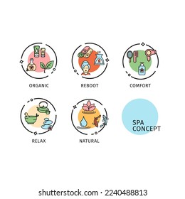 Spa Concept Thin Line Icons Labels Set Include of Comfort, Natural, Organic, Reboot and Relax . Vector illustration of Label