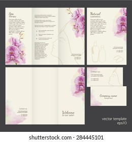 Spa Concept. Vector Template With Watercolor Orchid. Brochure, Leaflet And Business Card With Place For Your Text. Set Of Elements.