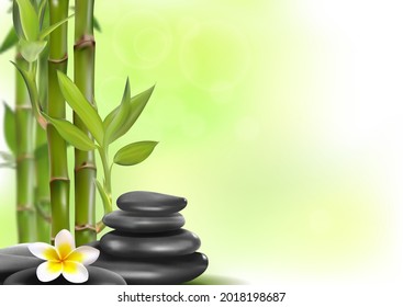 Spa concept zen basalt stones with bamboo and flower. Realistic vector, 3d illustration