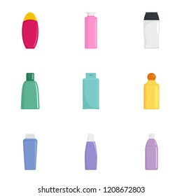 Spa cosmetic bottle icon set. Flat set of 9 spa cosmetic bottle vector icons for web design