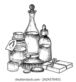 Spa cosmético con botellas vintage, jabón y cepillo para aromaterapia. Dibujado a mano ilustración vectorial de productos de cuidado del cuerpo para masaje en colores blanco y negro. Dibujo lineal de artículos de tocador para el cuidado de la piel.