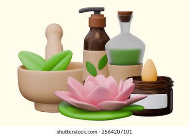 Spa cosmetics, tools and decorative elements in 3D style. Vector creative composition