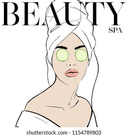 Spa day card concept. Woman wears with towel on head, vector hand drawn illustration in style of magazine cover design. Cucumber lie on eyes. Fashion style, beauty, sketch drawing. Vector illustration