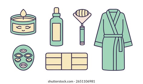 Spa Day Essentials Illustrated Set Green Bathrobe Candle Face Mask