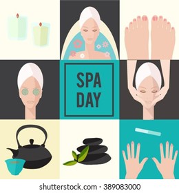 Spa day flat banner.Vector set of spa day. Vector flat icon of spa procedure and makeup. Manicure spa. Manicure elements. Manicure vector details. Flat illustration of manicure.
