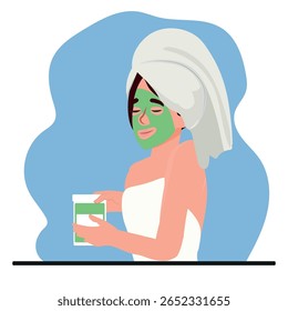 dia de spa em casa, a mulher está usando uma máscara de hidratação facial fazendo tratamentos de beleza relaxantes.