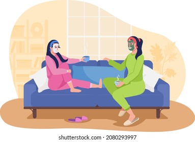 Spa day for mom and daughter 2D vector isolated illustration. Mother and teen girl sitting on couch flat characters on cartoon background. Girls party with purifying face masks colourful scene