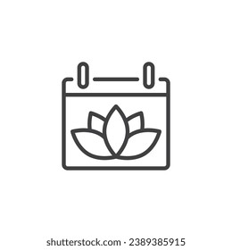 Spa day reminder line icon. Calendar with lotus flower linear style sign for mobile concept and web design. Spa procedure calendar outline vector icon. Symbol, logo illustration. Vector graphics
