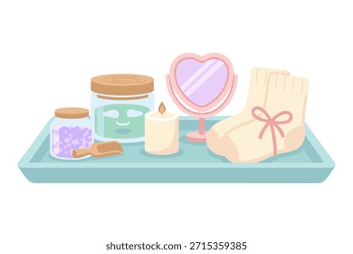 Bandeja de accesorios de cuidado personal de día de spa. Productos cosméticos de espejo en forma de corazón. Tratamiento de relajación en casa. Conjunto de cuidado de la piel.