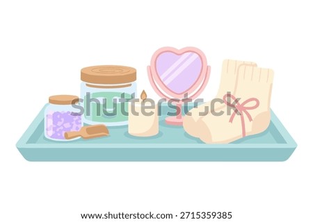 Spa day self care accessories tray. Heart shaped mirror cosmetic products. Relaxation treatment home. Skin care set.