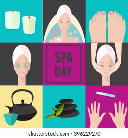 Spa day vector banner.Spa day flat banner.Vector set of spa day. Vector flat icon of spa procedure and makeup. Manicure spa. Manicure elements. Manicure vector details. Flat illustration of manicure.