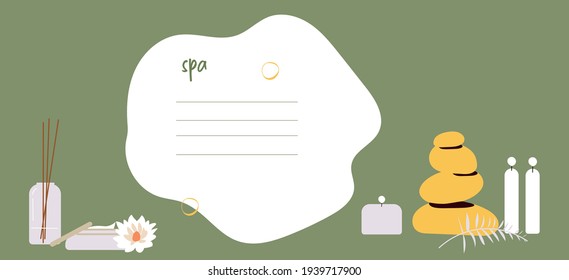 plantilla de decoración de spa, Folleto para información sobre el centro de bienestar, aromaterapia, concepto de masaje de piedras calientes.