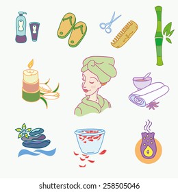 Spa doodle hand drawn sketch  icons set with  towels aroma candles  vector illustration.