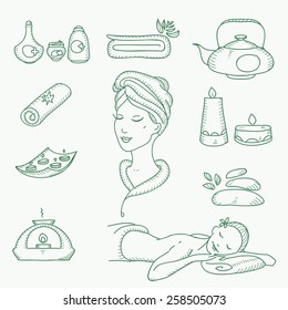 Spa doodle hand drawn sketch  icons set with  towels aroma candles beauty, health care, cosmetics, spa and wellness vector illustration.