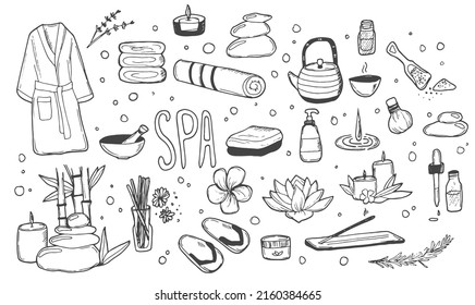 Spa Doodle Set. Hand drawn aromatherapy, body care, beauty salon and thai massage accessories. Vector drawings isolated on white background.