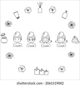 spa doodle set. Woman Making Skincare Procedures.