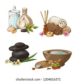 Spa elementa in hand drawn style. Sketch design template for beauty salon. Vector illustration.