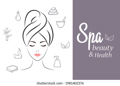 Spa elements and symbols . Contoured silhouette of a girl with a towel on her head. Vintage models with spa elements. A hand-drawn doodle. Stylish graphic texture for your design. Beautiful background