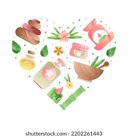 Spa with Essential Oil, Lotion and Candle for Aromatherapy and Relax Vector Heart Shaped Composition