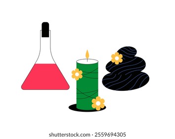 Spa Essentials With Aromatherapy Candle, Stones, And Oil Bottle In Flat Vector Illustration Symbolizing Relaxation, Wellness, And Tranquility, Isolated On White Background