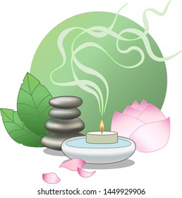 Spa essentials for relaxing atmosphere. Lotus, leaves and candle with smoke. Vector illustration