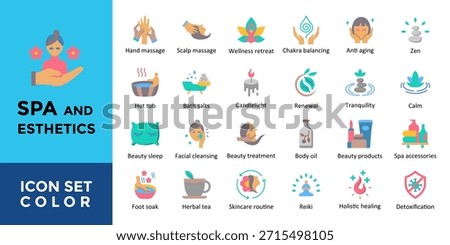 Spa and Esthetics icons set with hand massage, scalp massage, wellness retreat, chakra balancing, anti aging icon. Simple color vector 
