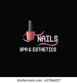  Spa & Esthetics  - vector template  with pink  nail polish bottle and decorative ribbon. Beauty spa & Esthetics  illustration with black background.