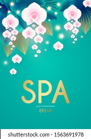 Spa exotic background. Tropic design template with palm leaves, orchids and gold. Summer vacation.