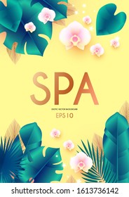 Spa exotic background. Tropic design template with palm leaves, orchids and gold. Summer vacation.