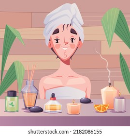 Spa face body care cosmetic procedure beauty therapy composition concept. Vector cartoon design element illustration
