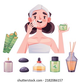Spa face body care cosmetic procedure beauty therapy composition concept. Vector cartoon design element illustration