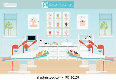 Spa facial massage treatment with ozone facial steamer on bed in spa center,interior, women facing the steam, beauty conceptual vector illustration.