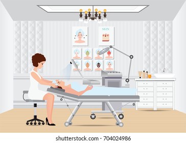 Spa facial massage treatment with ozone facial steamer on bed in spa center,interior, women facing the steam, beauty conceptual vector illustration.