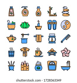 Spa gefüllt Umriss Icon Set. Darstellung von Kurvektoren auf weißem Hintergrund
