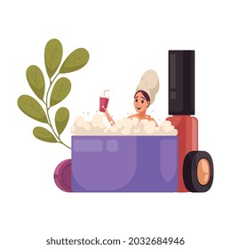 Spa flat composition with cosmetic products and happy woman relaxing in bath vector illustration