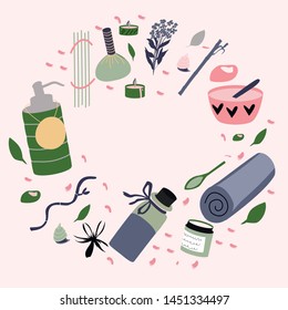  Spa flat round frame template with text space. set of elements for aromatherapy, stone and honey therapy, body care, wellness center, relax, health, thai massage, meditation .Greeting card layout. 