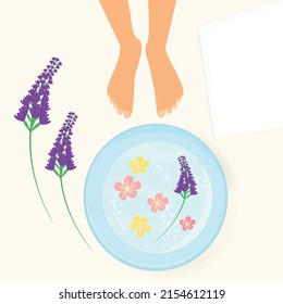 spa or foot bath with lavender. The human bare foot is being prepared to take relaxing treatments .Vector flat illustration