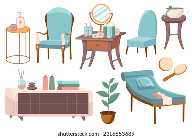 Spa furniture set. This is an illustration of a flat design cartoon set of spa furniture. The furniture includes a massage bed, lounge chairs, etc. Vector illustration.