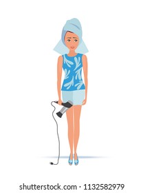 Spa girl after taking a shower or bath, stands with a hair dryer in her hands, towel wrapped around her head around hair, for to dry, and exit to the street. Vector illustration in cartoon style.