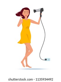 Spa girl after taking a shower or bath, stands with a hair dryer in her hands, in beautiful summer light dress, for to dry, and exit to the street. Vector illustration in cartoon style.