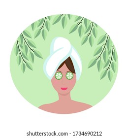 Spa Girl Concept. Care products for beauty. Mask for face and hair. The brown-haired woman has a towel on her head, cucumber slices are a mask on her eyes. She is in nature. Vector graphics. Flat.