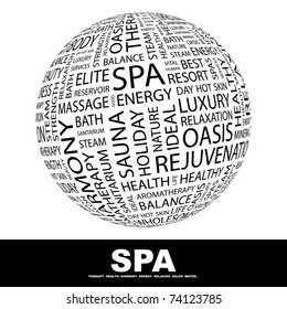 SPA. Globe with different association terms. Wordcloud vector illustration.