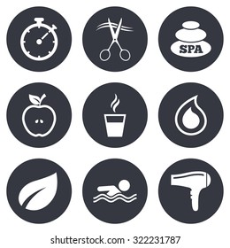 Spa, hairdressing icons. Swimming pool sign. Water drop, scissors and hairdryer symbols. Gray flat circle buttons. Vector