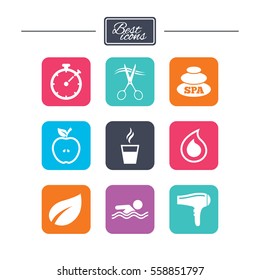 Spa, hairdressing icons. Swimming pool sign. Water drop, scissors and hairdryer symbols. Colorful flat square buttons with icons. Vector