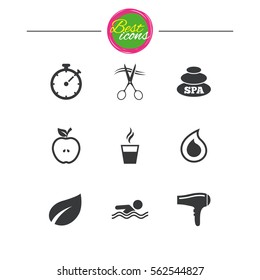 Spa, hairdressing icons. Swimming pool sign. Water drop, scissors and hairdryer symbols. Classic simple flat icons. Vector