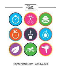 Spa, hairdressing icons. Swimming pool sign. Water drop, scissors and hairdryer symbols. Classic simple flat icons. Vector