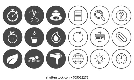 Spa, hairdressing icons. Swimming pool sign. Water drop, scissors and hairdryer symbols. Document, Globe and Clock line signs. Lamp, Magnifier and Paper clip icons. Question, Credit card and Refresh