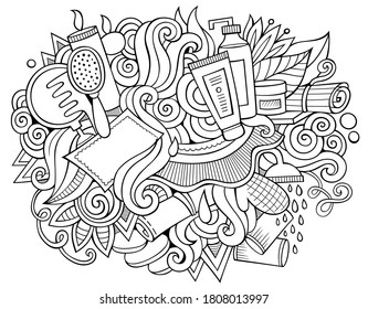 Spa hand drawn cartoon doodles illustration. Funny beauty design. Creative art vector background. Salon symbols, elements and objects. Sketchy composition