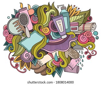 Spa hand drawn cartoon doodles illustration. Funny beauty design. Creative art vector background. Salon symbols, elements and objects. Colorful composition