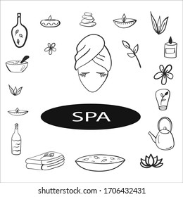 Spa hand drawn doodle icons.Spa therapy. Beauty health care. Alternative medicine sketch. Icons set isolated vector illustration. Beautiful woman spa treatment relaxing stone massage.